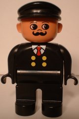 Duplo Figure, Male, Black Legs, Black Top with 4 Yellow Buttons and Red Tie, Black Hat, Curly Moustache (Train Engineer)