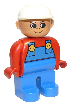 Duplo Figure, Male, Blue Legs, Red Top with Blue Overalls, Construction Hat White, Turned Up Nose
