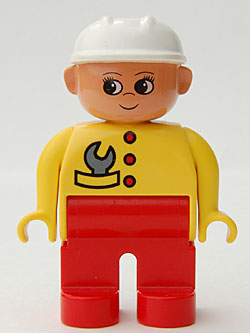 Duplo Figure, Female, Red Legs, Yellow Top with Red Buttons & Wrench in Pocket, Construction Hat White