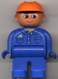 Duplo Figure, Male, Blue Legs, Blue Top with Cell Phone in Pocket, Construction Hat Orange