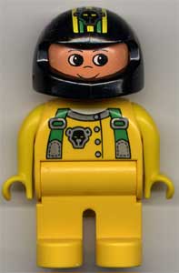 Duplo Figure, Male, Yellow Legs, Yellow Top with Green Racer Suspenders, Black Helmet with Stripes and Bear Pattern