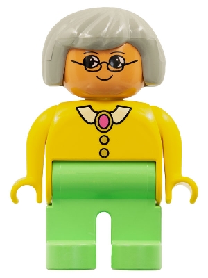Duplo Figure, Female, Medium Green Legs, Yellow Blouse with Collar, Gray Hair, Glasses