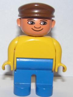 Duplo Figure, Male, Blue Legs, Yellow Top, Brown Cap, with White in Eyes Pattern
