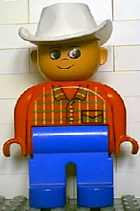 Duplo Figure, Male, Blue Legs, Red Top Plaid, White Cowboy Hat