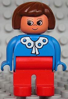 Duplo Figure, Female, Red Legs, Blue Blouse with White Lace Trim, Brown Hair