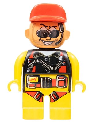 Duplo Figure, Male Action Wheeler, Yellow Legs, Yellow Top with Yellow/Black/Red Parachute, Red Cap, Beard, Sunglasses and Headphone