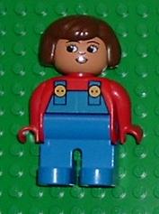 Duplo Figure, Female, Blue Legs, Red Top with Blue Overalls, Brown Hair, Turned Down Nose