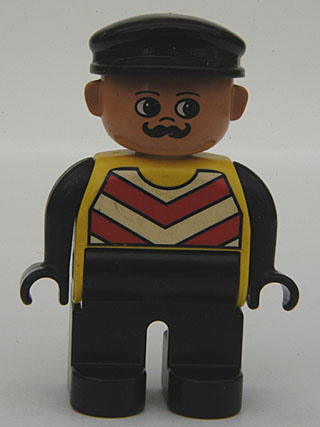 Duplo Figure, Male, Black Legs, Yellow Chevron Vest, Black Arms, Black Cap
