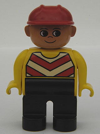 Duplo Figure, Male, Black Legs, Chevron Vest, Yellow Arms, Construction Hat Red