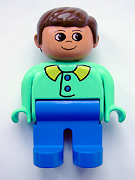 Duplo Figure, Male, Blue Legs, Medium Green Top with Blue Buttons, Brown Hair