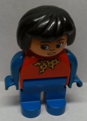Duplo Figure, Female, Blue Legs, Red Top with Yellow and Red Polka Dot Scarf, Blue Arms, Black Hair, Turned Down Nose