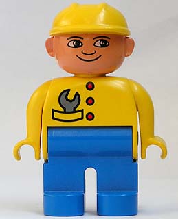 Duplo Figure, Male, Blue Legs, Yellow Top with Wrench in Pocket, Construction Hat Yellow