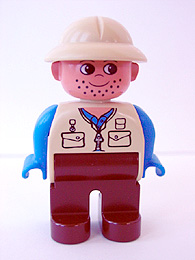 Duplo Figure, Male, Brown Legs, Tan Top, Blue Arms, Tan Pith Helmet, Facial Stubble