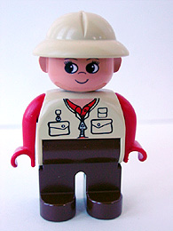 Duplo Figure, Female, Brown Legs, Red Arms, Tan Pith Helmet, Eyelashes