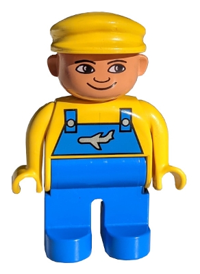 Duplo Figure, Male, Blue Legs, Yellow Top with Blue Overalls with Airplane, Yellow Cap