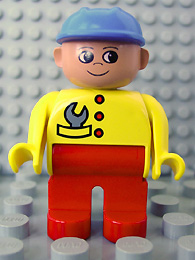 Duplo Figure, Male, Red Legs, Yellow Top with Wrench in Pocket, Construction Hat Blue