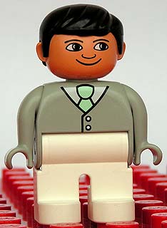 Duplo Figure, Male, White Legs, Light Gray Top with White Shirt and Light Green Tie, Black Hair