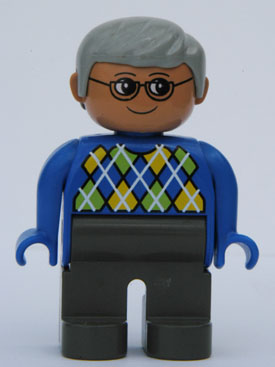 Duplo Figure, Male, Dark Gray Legs, Blue Argyle Sweater, Gray Hair, Glasses