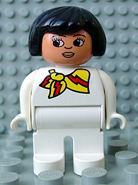 Duplo Figure, Female, White Legs, White Top and with Yellow and Red Scarf, Black Hair
