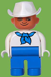 Duplo Figure, Male, Blue Legs, White Top with Blue Bandana, White Cowboy Hat, Plain Eyes