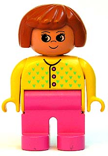 Duplo Figure, Female, Dark Pink Legs, Yellow Sweater with 3 Buttons and V Stitching, Dark Orange Hair