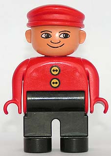 Duplo Figure, Male, Black Legs, Red Top with 2 Yellow Buttons, Red Cap