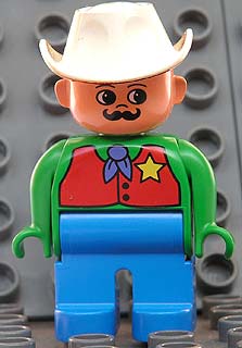 Duplo Figure, Male, Blue Legs, Green Top with Red Vest with Sheriff Star, Moustache, White Cowboy Hat