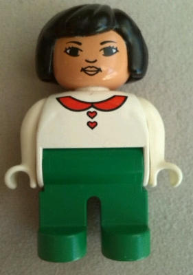 Duplo Figure, Female, Green Legs, White Blouse with Red Heart Buttons & Collar, Black Hair, Asian Eyes, Lips