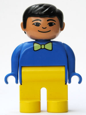 Duplo Figure, Male, Yellow Legs, Blue Top with Light Green Bow Tie, Black Hair, Asian Eyes