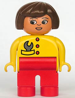 Duplo Figure, Female, Red Legs, Yellow Top with Red Buttons & Wrench in Pocket, Brown Hair, Turned Down Nose