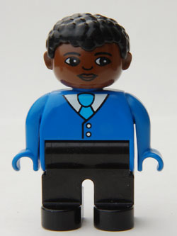 Duplo Figure, Male, Black Legs, Blue Top with Buttons and Tie, Black Curly Hair, Brown Head