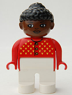 Duplo Figure, Female, White Legs, Red Sweater with Yellow V Stitching and Buttons, Black Curly Hair in Bun, Brown Head