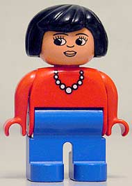 Duplo Figure, Female, Blue Legs, Red Top with Necklace, Black Hair