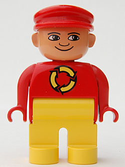 Duplo Figure, Male, Yellow Legs, Red Top with Recycle Logo, Red Cap, turned down Nose