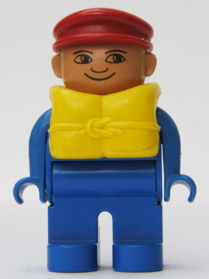 Duplo Figure, Male, Blue Legs, Blue Top, Life Jacket, Red Cap, no White in Eyes pattern