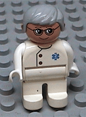 Duplo Figure, Male Medic, White Legs, White Top with EMT Star of Life Pattern, Gray Hair, Glasses