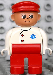 Duplo Figure, Male Medic, Red Legs, White Top with EMT Star of Life Pattern, Red Cap