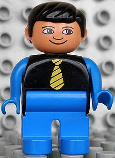 Duplo Figure, Male, Blue Legs, Black Top with Yellow Tie, Blue Arms, Black Hair, White in Eyes Pattern