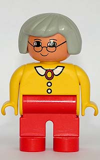 Duplo Figure, Female, Red Legs, Yellow Blouse with White Collar and 2 Buttons, Gray Hair, Glasses