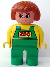 Duplo Figure, Female Zoo, Green Legs, Yellow Top with Green Overalls, Dark Orange Hair (Zoo Keeper)