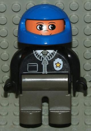 Duplo Figure, Male Police, Dark Gray Legs, Black Top with Zipper, Tie and Badge, Blue Racing Helmet