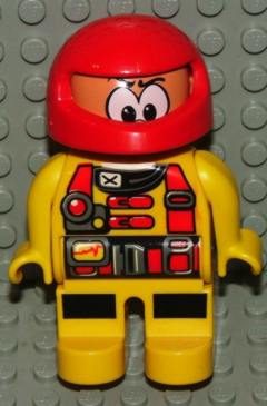 Duplo Figure, Male Action Wheeler, Yellow Legs, Yellow Top with Racer Pattern, Red Racing Helmet
