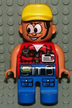 Duplo Figure, Male Action Wheeler, Blue Legs with Belt & Pockets, Red Vest with Wrench & ID, Yellow Cap