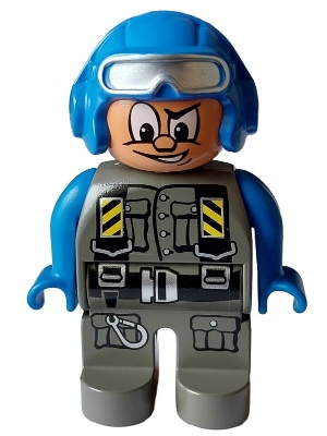 Duplo Figure, Male Action Wheeler, Dark Gray Legs, Dark Gray Jumpsuit, Blue Arms, Blue Aviator Helmet with Goggles