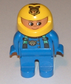 Duplo Figure, Male, Blue Legs, Blue Top with Green Suspenders and Tiger Logo, Yellow Helmet with Tiger