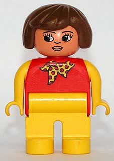Duplo Figure, Female, Yellow Legs, Red Top With Yellow Polka Dot Scarf, Yellow Arms, Brown Hair, with Nose, with White in Eyes Pattern