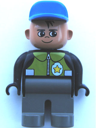 Duplo Figure, Male Police, Dark Gray Legs, Black Top with Pale Green Vest and Police Badge, Blue Cap