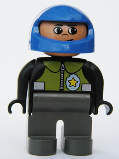 Duplo Figure, Male Police, Dark Gray Legs, Black Top with Pale Green Vest and Police Badge, Blue Helmet