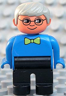 Duplo Figure, Male, Black Legs, Blue Top with Green Bow Tie, Gray Hair, Glasses