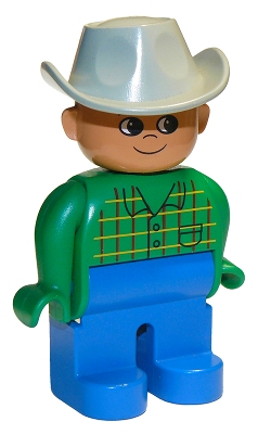Duplo Figure, Male, Blue Legs, Green Top with Pocket, Light Gray Cowboy Hat